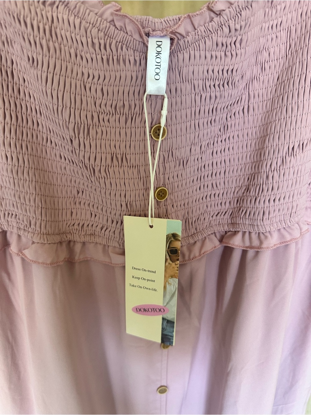 Smocked Pink Maxi Slip Dress with Button Front - Picture 3 of 6